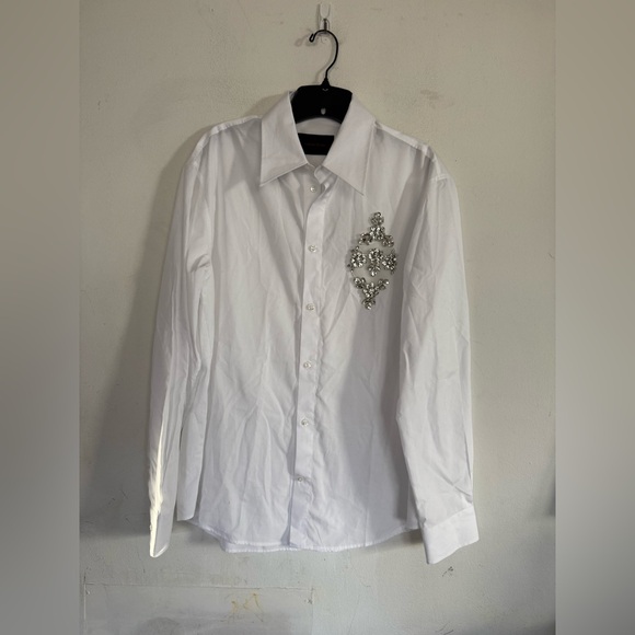 Simone Rocha Mens Crystal Embellished Poplin Cotton Collared Shirt, Size Small - Picture 4 of 10